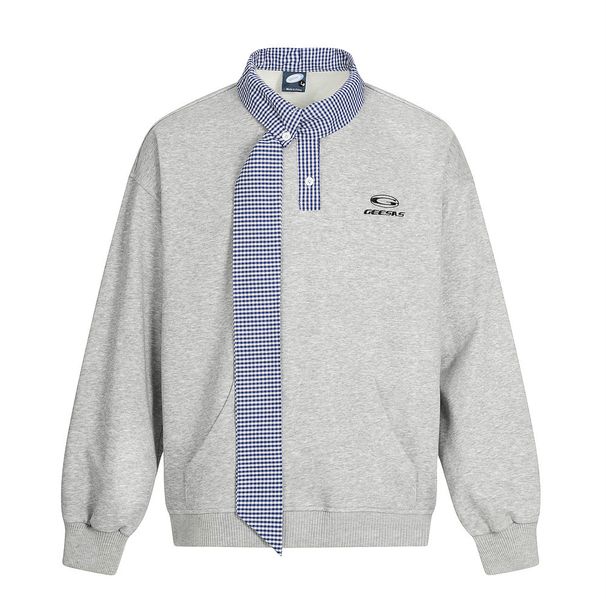 High Street Design Sweatshirt Men's Vibe Trendy Brand Amican Plaid Color Block Stand Collar Lace-up Long Sleeve_viptrois.com