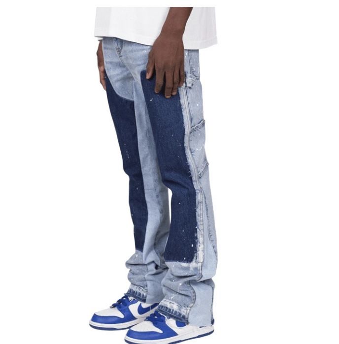 Men's Clothing Fashion Versatile Men's Denim Workwear Elastic Patch Laminated Flared Denim Straight Trousers_viptrois.com