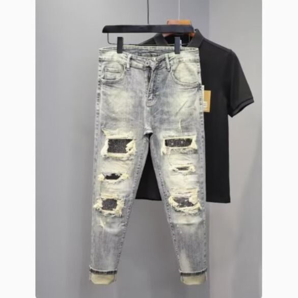 Ink Splash Distresse Nine-point Jeans For Men Slim Fit Skinny Stretch Rippe Patche Cool Street Style Personality_viptrois.com