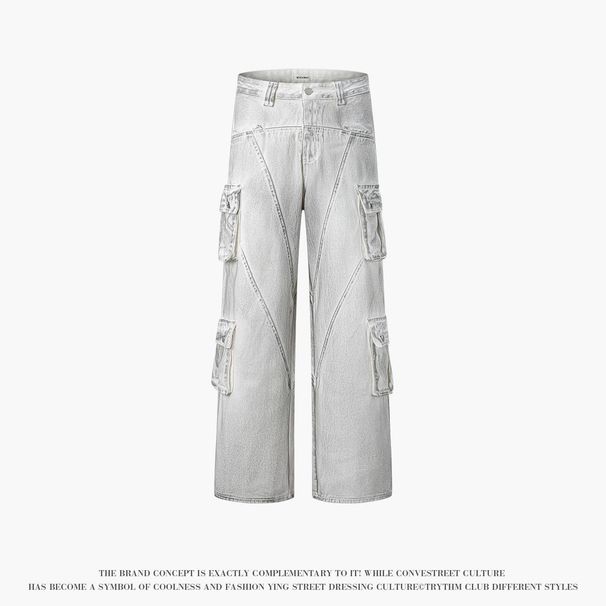 Men's Clothing Dirty And Old Retro Street Fashion High Street Loose Multi Pocket Decoration Personality Jeans Trousers_viptrois.com