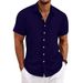 Men's Cotton Linen Striped Jacquard Casual Loose Short Sleeved Shirt Wave Pattern Bestseller_viptrois.com