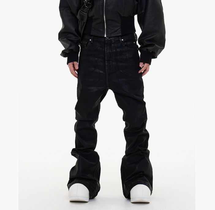 Men's Waxed Coated Flared Jeans - Dark Aesthetic Wide-Leg Denim Pants With Draped Hem & Detachable Straps_viptrois.com