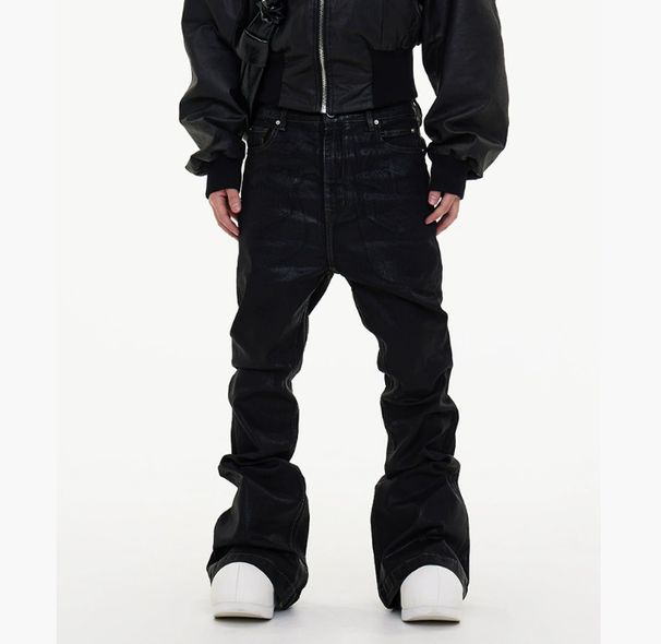 Men's Waxed Coated Flared Jeans - Dark Aesthetic Wide-Leg Denim Pants With Draped Hem & Detachable Straps_viptrois.com
