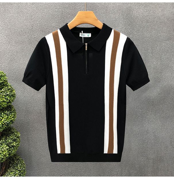 Men's Clothing Leisure Ice Silk Slim Men's Vertical Striped Lapel Knitted Short Sleeved T Shirt Business_viptrois.com
