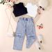 Baby Clothing Children's dress Girls' summer pit strip solid color sleeveless strapless jumper ripped denim trousers two-piece set_viptrois.com