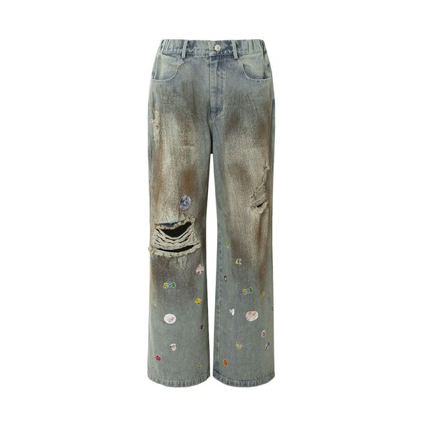 Post-apocalyptic Distressed Dirty Jeans Long Trendy Punk Design Fun Cartoon Print Loose Wide-leg Pants For Men_viptrois.com