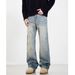 Trendy Flared American Retro Distressed Slim Fit Couple Jeans For Teenagers, Straight Leg, Washed, Button, Slightly Elastic_viptrois.com