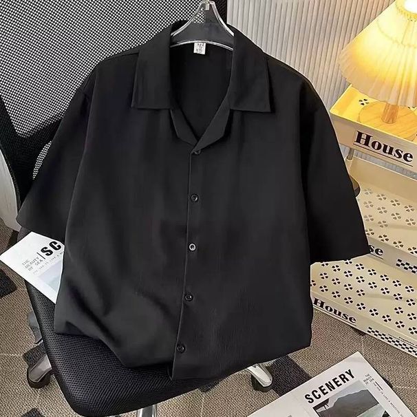 High-quality Draping Ice Silk Shirt For Men, Short-sleeved, Loose-fitting, American-style Cuban Collar Shirt, Summer Trend_viptrois.com