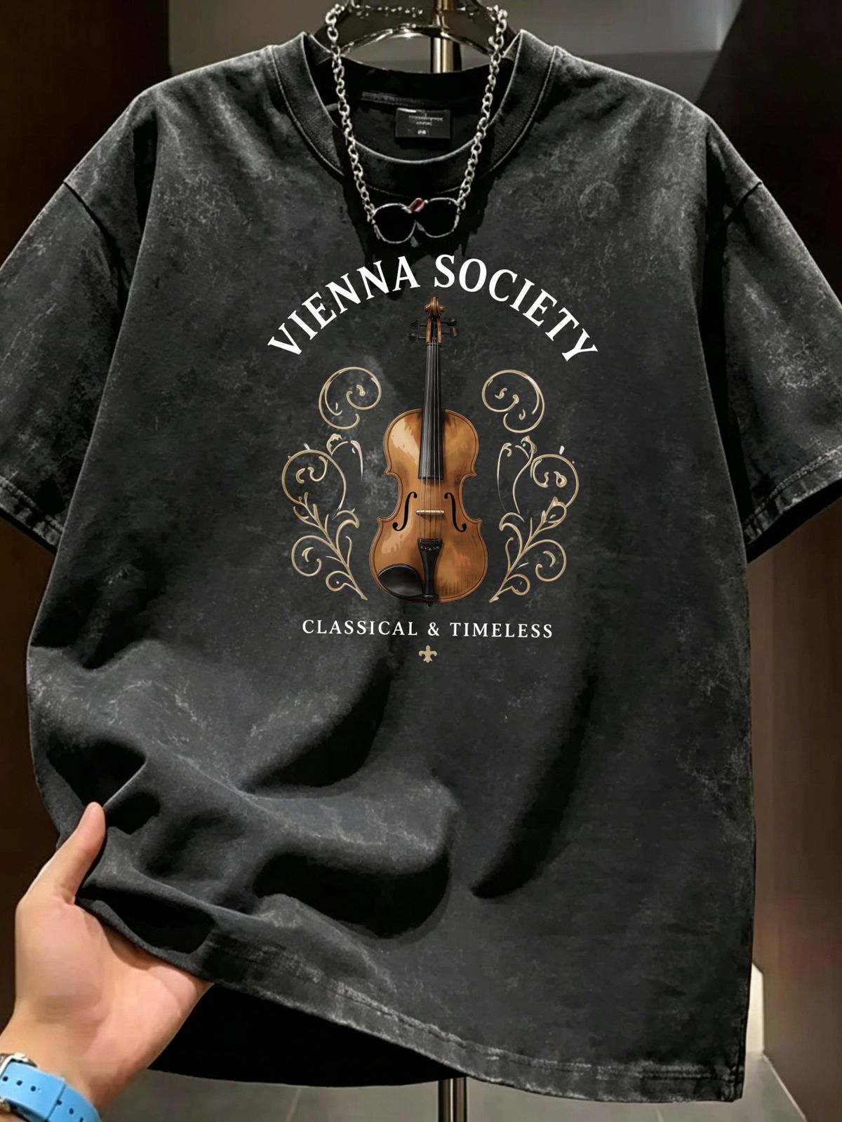 Summer Washed Cotton T-Shirt, Men's Vienna Society Violin Print, Luxury Casual Style, Oversized Tee_viptrois.com