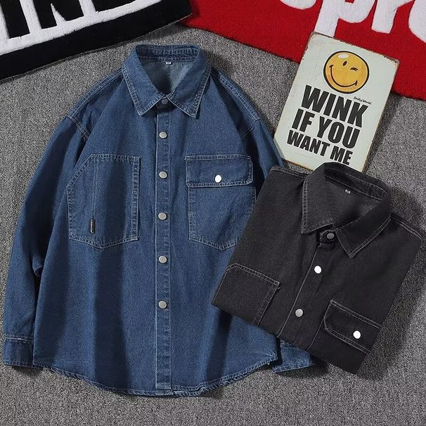 Light Ripe Style Spring And Autumn Clothes Top Korean Loose Long-sleeved Shirt Men's Trend Washed Denim Shirt_viptrois.com