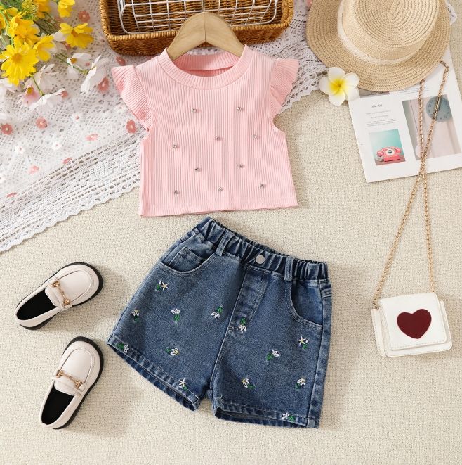 Mother & Kids New Autumn Style Girl's Long-sleeved Round Neck Waist Top And Jeans Two-piece Set_viptrois.com