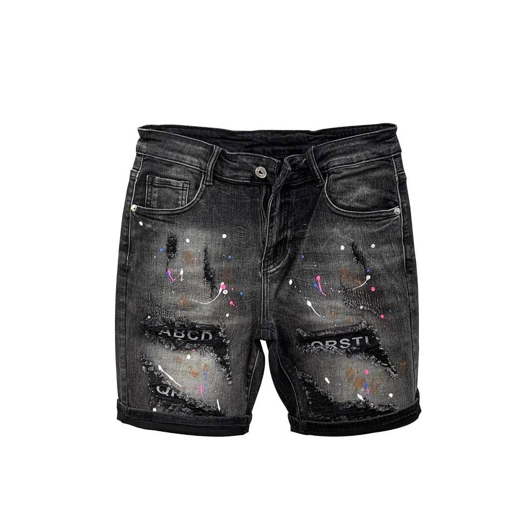 Men's Clothing Ins Trendy Big Hole Denim Shorts Summer New Style Personalized Patch Ink Splash High Street Slim Pants_viptrois.com