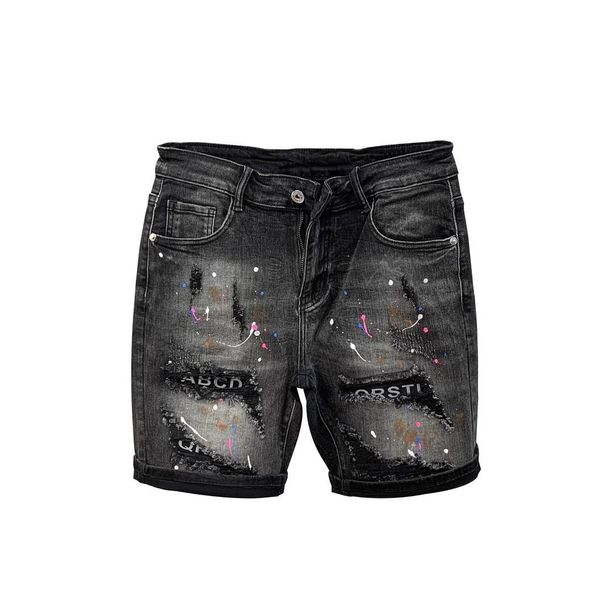 Men's Clothing Ins Trendy Big Hole Denim Shorts Summer New Style Personalized Patch Ink Splash High Street Slim Pants_viptrois.com