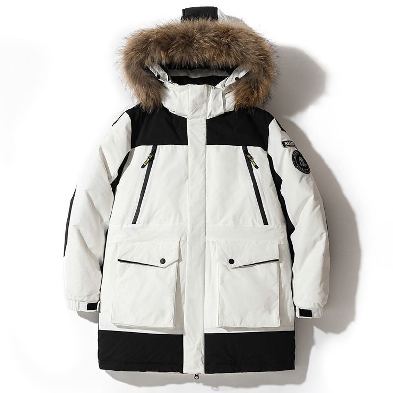 Korean Style Thickened White Goose Down Parka For Men, Long Length Hooded Coat With Fur Collar, Unisex Winter Jacket_viptrois.com