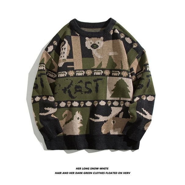 Autumn And Winter Ins Cartoon Pattern Crew Neck Sweater Men's Trendy Brand Loose Ruffian Handsome Retro Pullover Casual Knitted Sweater Jacket_viptrois.com