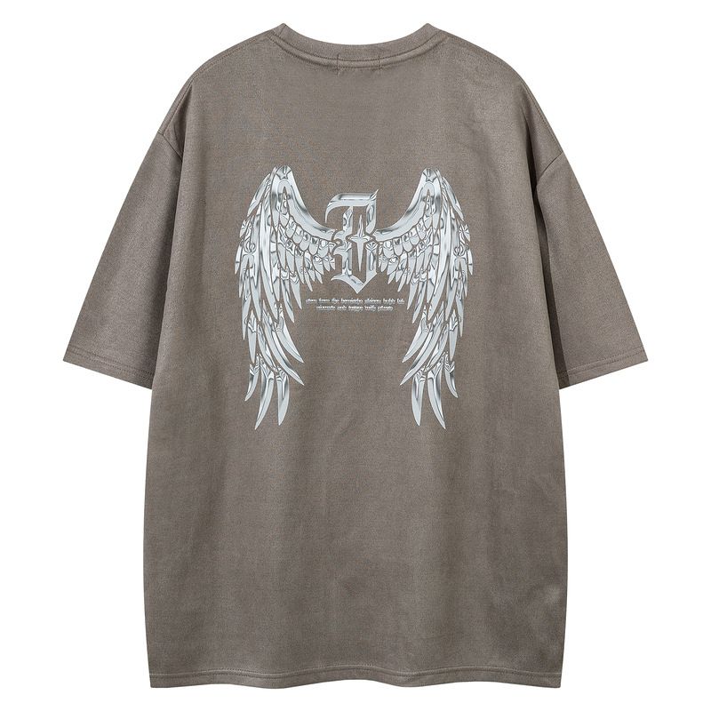 Men's Clothing Guochao Brand Original Design Wings Print Suede Short Sleeved T Shirt Men's Summer Oversize Couple Bottoming Shirt_viptrois.com