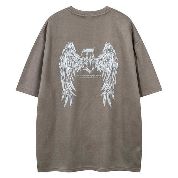 Men's Clothing Guochao Brand Original Design Wings Print Suede Short Sleeved T Shirt Men's Summer Oversize Couple Bottoming Shirt_viptrois.com