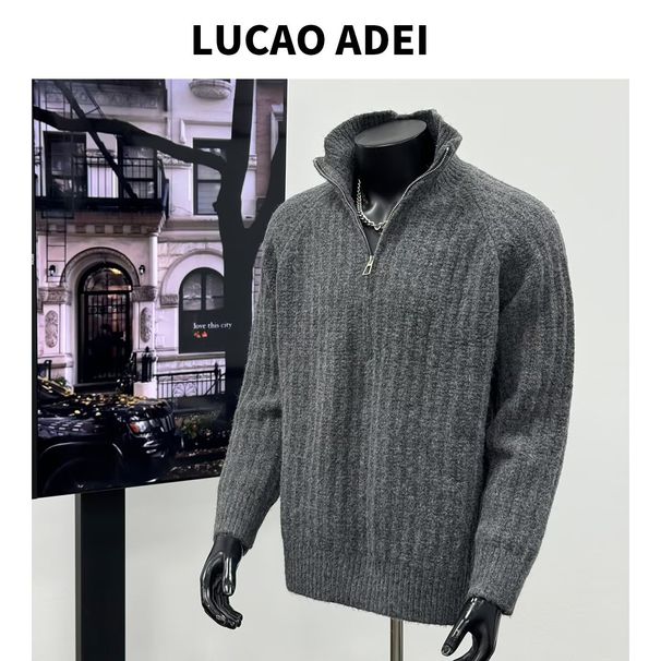 Half Zip High Neck Knitted Sweater For Men, Versatile, Trendy, Simple And Fashionable Design, Long Sleeved_viptrois.com