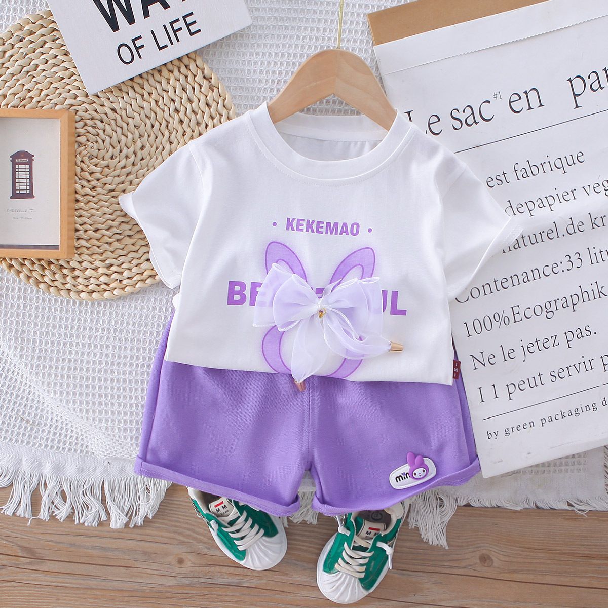 Children's Clothing For Girls Summer 2025 New Korean Version Children's Bow Short Sleeved Shorts Two-piece Set_viptrois.com