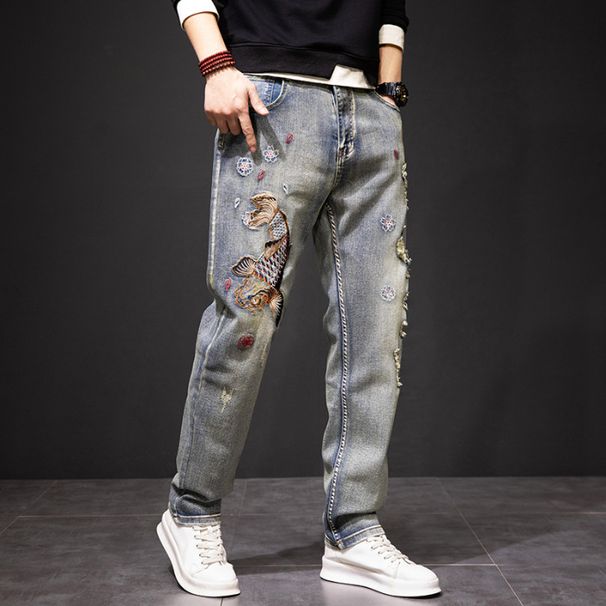 Men's Clothing Spring And Autumn New Yellow Mud Embroidered Jeans For Men High End Large Size Ripped Carp Embroidered Loose Straight Through Trendy_viptrois.com