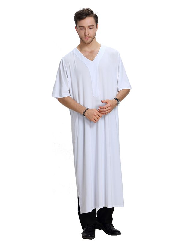Men's Thobe – 7/4 Sleeve V-Neck Long Robe, Breathable Polyester, Modest & Comfortable (Sizes M-XL, White/Gray)_viptrois.com