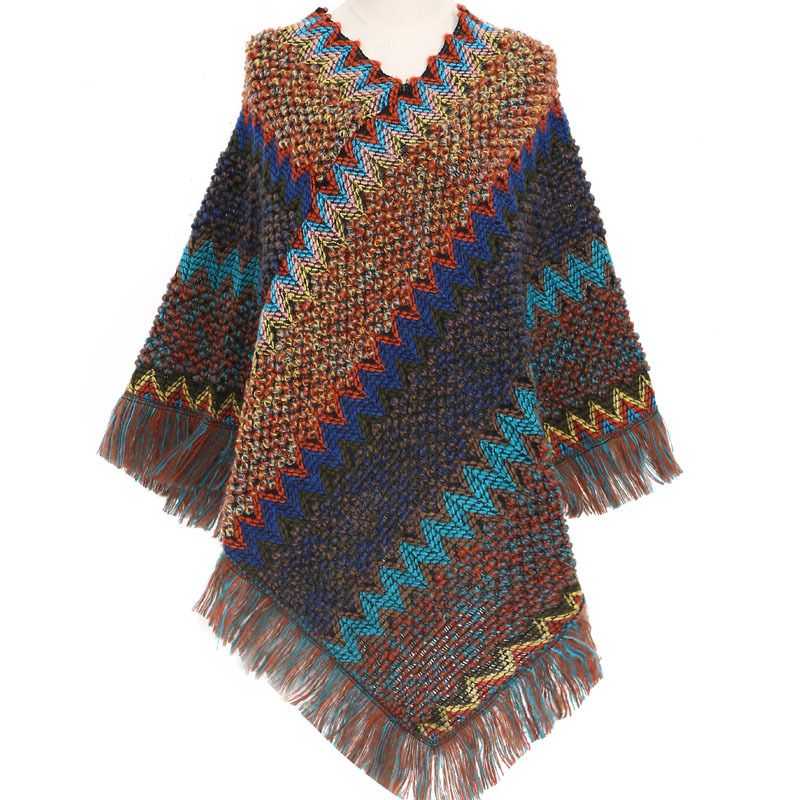 Women's Shawls Colorful Ethnic Style Pullover Poncho Women's Acrylic Knitted Cloak Warm Autumn And Winter Shawl_viptrois.com