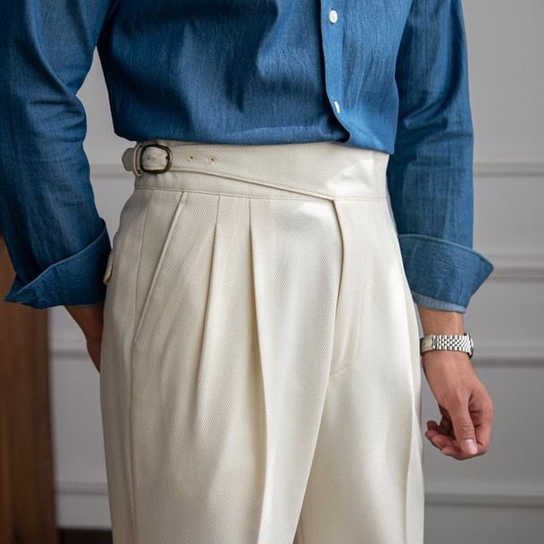 Men's Clothing Naples Paris Buckle Trousers Slim Fit Business High Waist Suit Trousers Retro All Match Straight Casual Trousers_viptrois.com
