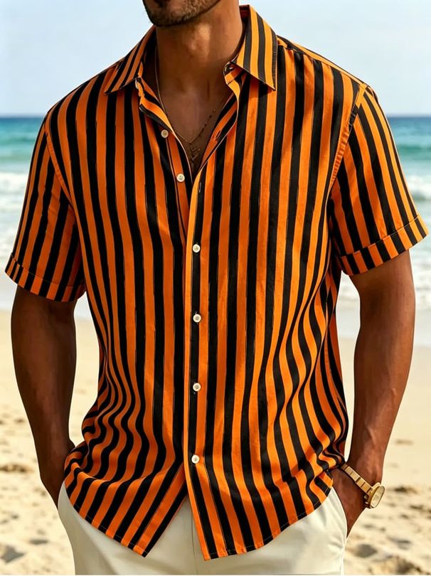 Camisa De Hombre Con Botones Y Manga Corta Con Estampado Geométrico A Rayas, Una Prenda Informal Para El Verano, Vacaciones Y Diversas Ocasiones._viptrois.com