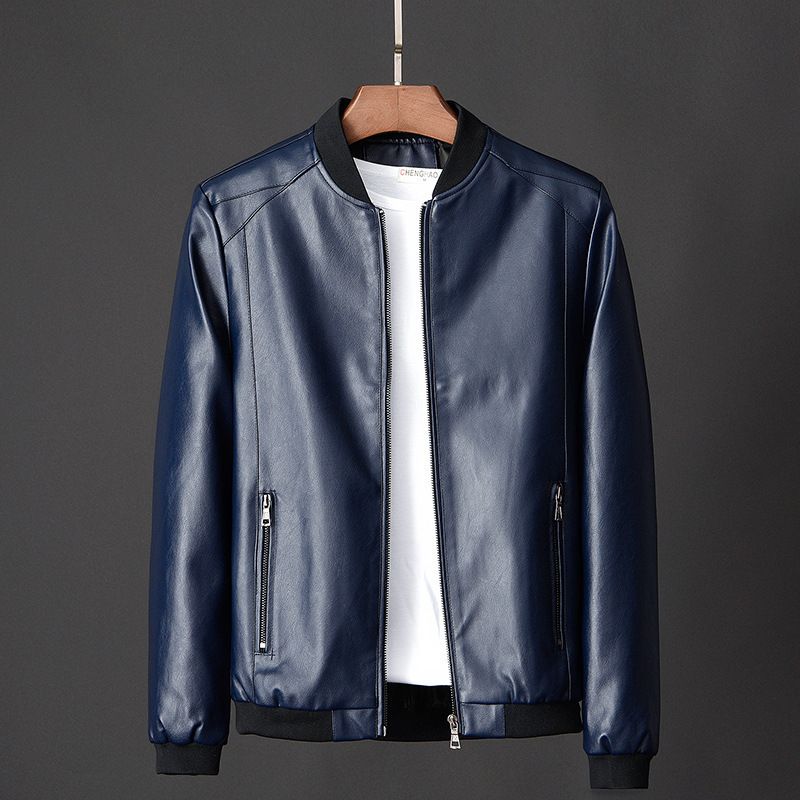 Men’s Slim-Fit PU Leather Jacket – Trendy Stand Collar Biker Coat (M-5XL, Black/Navy/Orange) Spring & Fall Fashion_viptrois.com