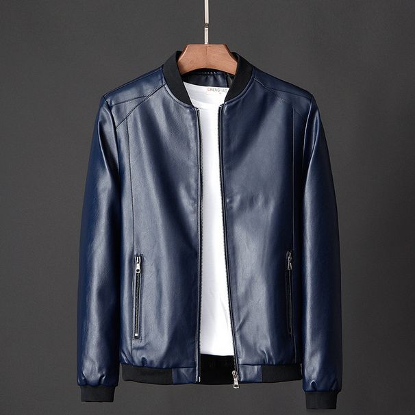 Men’s Slim-Fit PU Leather Jacket – Trendy Stand Collar Biker Coat (M-5XL, Black/Navy/Orange) Spring & Fall Fashion_viptrois.com