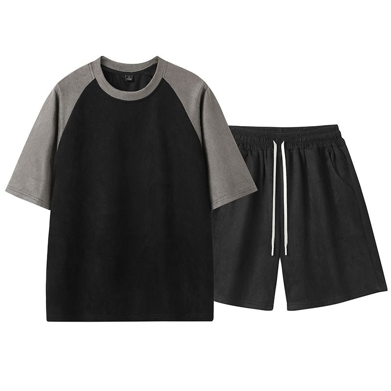 Men's Clothing Short-sleeved T-shirt men's summer loose casual suede round neck bottoming shirt trendy shorts suit men's clothing_viptrois.com