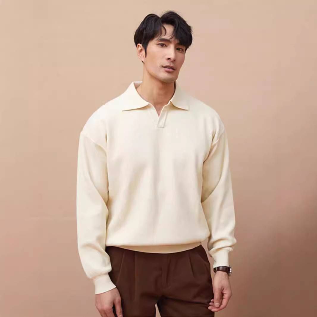Men's Slim-Fit V-Neck Knit Polo Shirt - Rugged & Stylish Long Sleeve Waffle Texture Sweater_viptrois.com