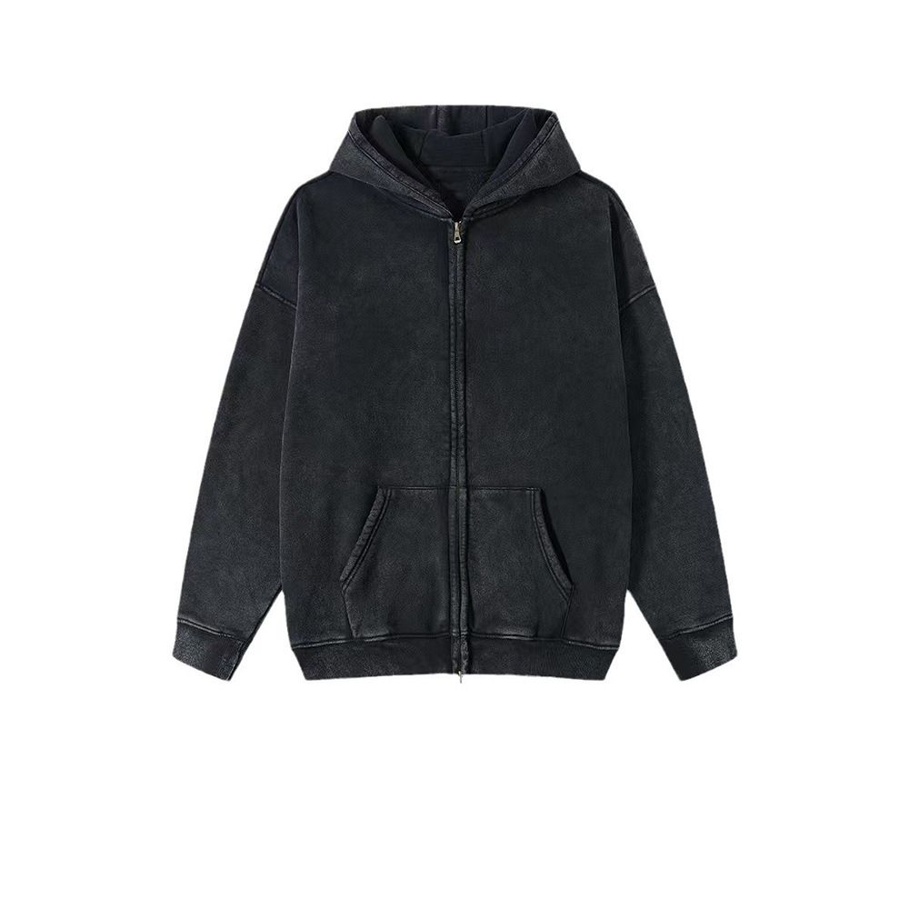 "Vintage Washed Zip-Up Hoodie – 400GSM Heavyweight Fleece Lined, Double Zipper & Oversized Fit (Acid Wash, Drop Shoulder, Logo Print)"_viptrois.com