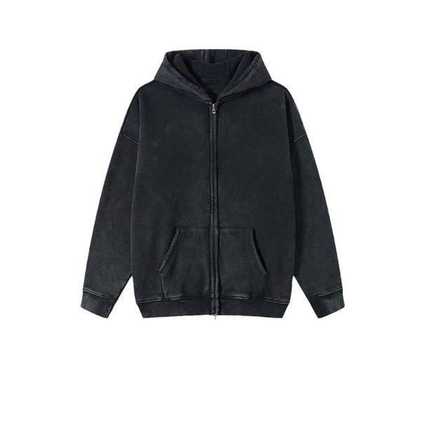 "Vintage Washed Zip-Up Hoodie – 400GSM Heavyweight Fleece Lined, Double Zipper & Oversized Fit (Acid Wash, Drop Shoulder, Logo Print)"_viptrois.com