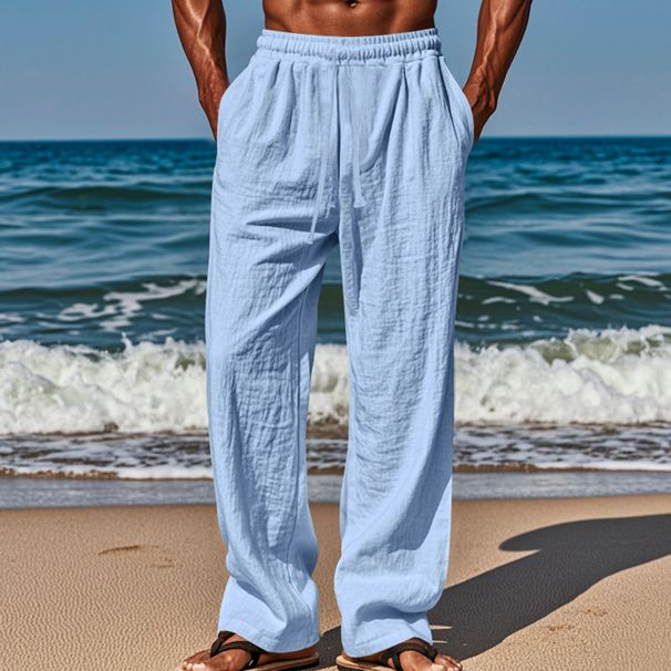 Men's Clothing European And American Hot Selling Men's Solid Color Linen Casual Loose Trousers, No Ironing, Thin Summer Wide Leg Sports Pants_viptrois.com