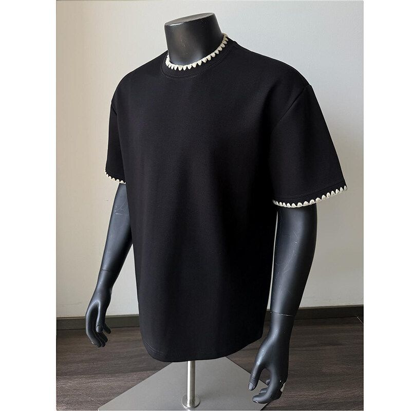 Men's Clothing Cleanfit Men's Patchwork Shoulder Short Sleeve T-Shirt Style Heavyweight Pure Cotton Top Small Collar 5/6 Sleeve_viptrois.com