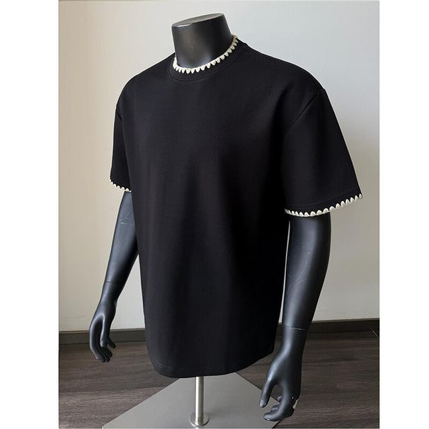 Men's Clothing Cleanfit Men's Patchwork Shoulder Short Sleeve T-Shirt Style Heavyweight Pure Cotton Top Small Collar 5/6 Sleeve_viptrois.com