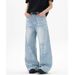 Men's Clothing Blue Straight Jeans Men And Women Spring New Style Cat Whisker Design Loose Wide Leg Casual Long Pants_viptrois.com