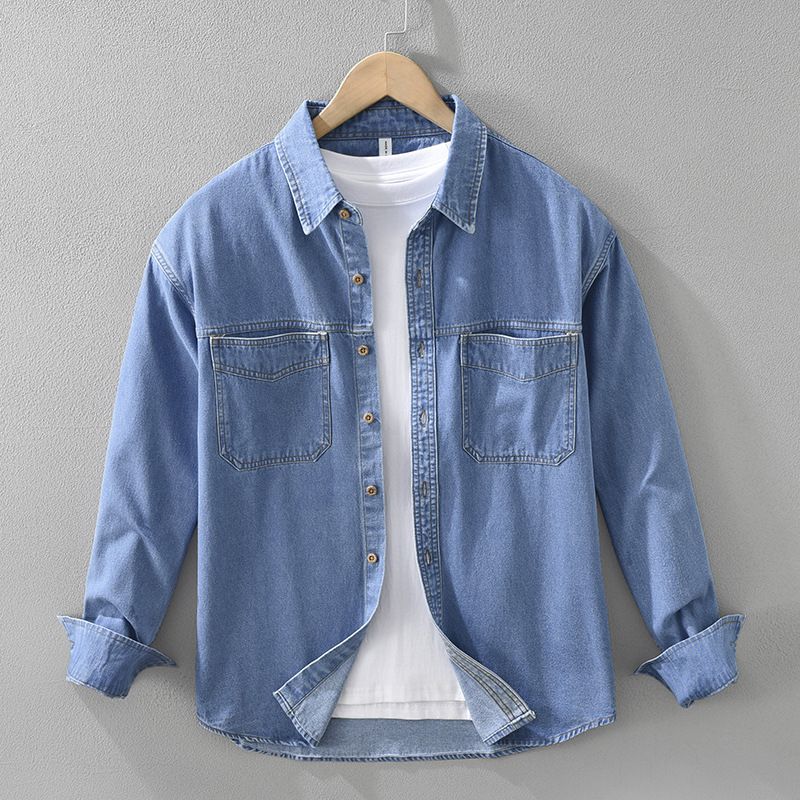 Retro Denim Long Sleeved Shirt, Men's Fashionable Casual Artistic Loose Top Jacket_viptrois.com
