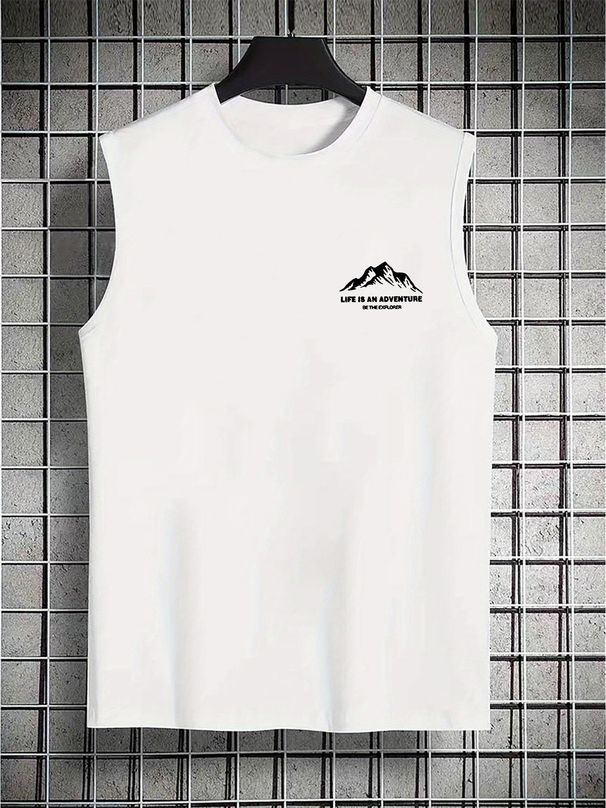 100% Pure Cotton Men's Summer Casual Sports Fitness Loose Mountain Letter Pattern Printed Breathable Round Neck Sleeveless Vest_viptrois.com