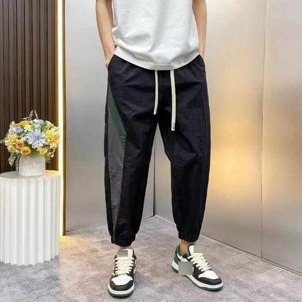 Men's Summer Striped Jogger Pants Lightweight Breathable Slim Fit with Adjustable Drawstring Streetwear Style with Contrast Panels_viptrois.com