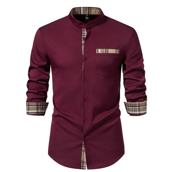 Men's Clothing New Men's Stand Collar Henry Shirt Plaid Colorblock Long Sleeve Shirt_viptrois.com