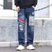 "Men's Distressed Wide-Leg Denim Pants – Fleece-Lined, Loose Fit, Patchwork Design (Blue/Black, Sizes 28-38)"_viptrois.com