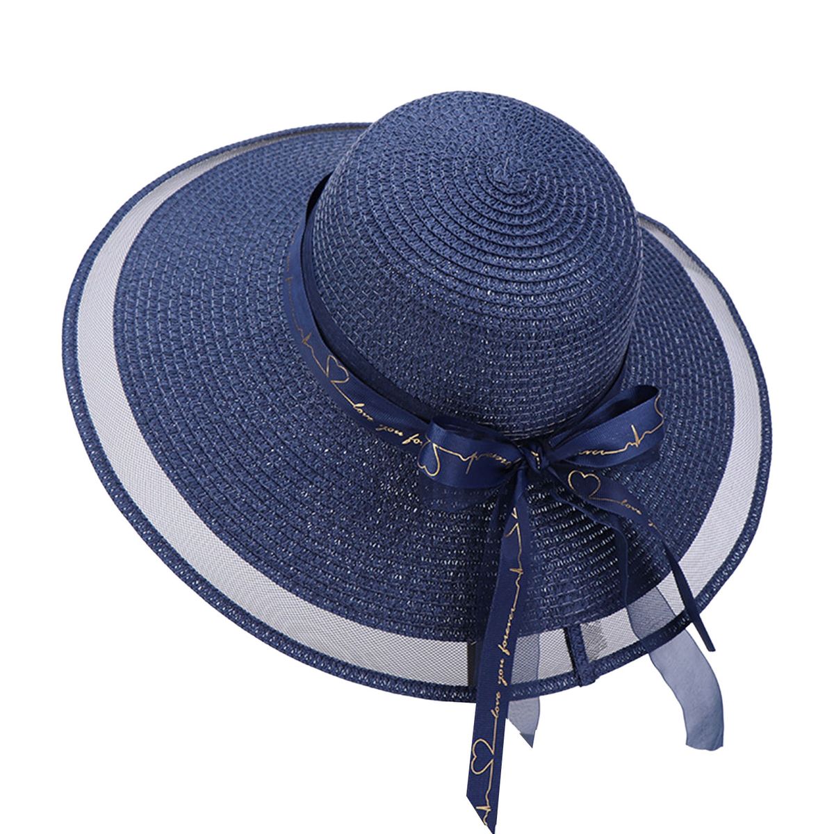 Women Straw See-through Bow-knot Decor Mesh Patchwork Bandage Large Brim Anti-UV Sun Protection Elegant Vacation Lady_viptrois.com