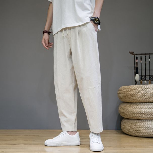 Men's Clothing Summer New Chinese Style Men's Solid Color Cotton And Linen Loose Nine Point Pants Youth Fashion Trend Casual Sports Pants_viptrois.com