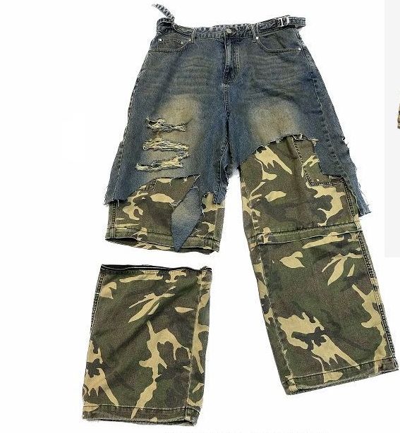 Men's Clothing Spring And Summer Washed Distressed Holes Two Piece Camouflage Denim Stitching Detachable Trousers Cropped Trousers Baggy_viptrois.com