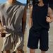 Summer Cool Ice Silk Vest Pants Solid Color Fashion Men's Plus Size Sleeveless Top And Shorts Two-Piece Set For Men_viptrois.com