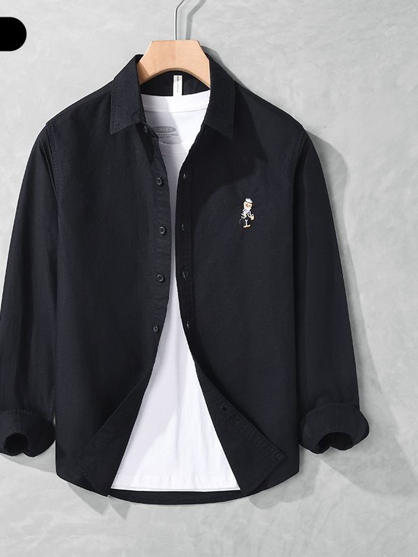 Men's Clothing Casual Cotton Long Sleeve Shirt Simple And Versatile Cartoon Embroidery Trendy Slim Shirt Men_viptrois.com