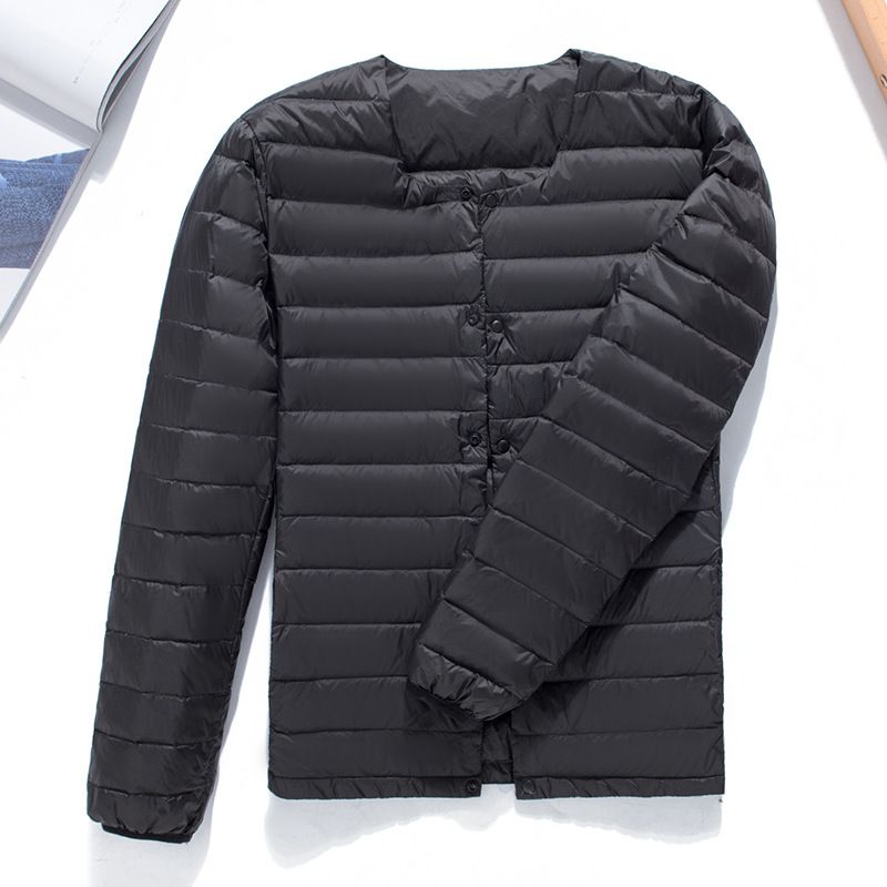 This Is A New Lightweight Down Jacket For Men With A Collarless, Warm Inner Lining. It Is A Large-sized Winter Coat With A Round Neck And V-neck_viptrois.com
