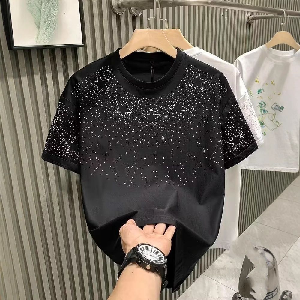 Luxury Men's Short Sleeve T-Shirt, Star Embroidered & Crystal Studded, High-End Streetwear, Unique Boutique Style, Slim Fit Premium Cotton Tee_viptrois.com